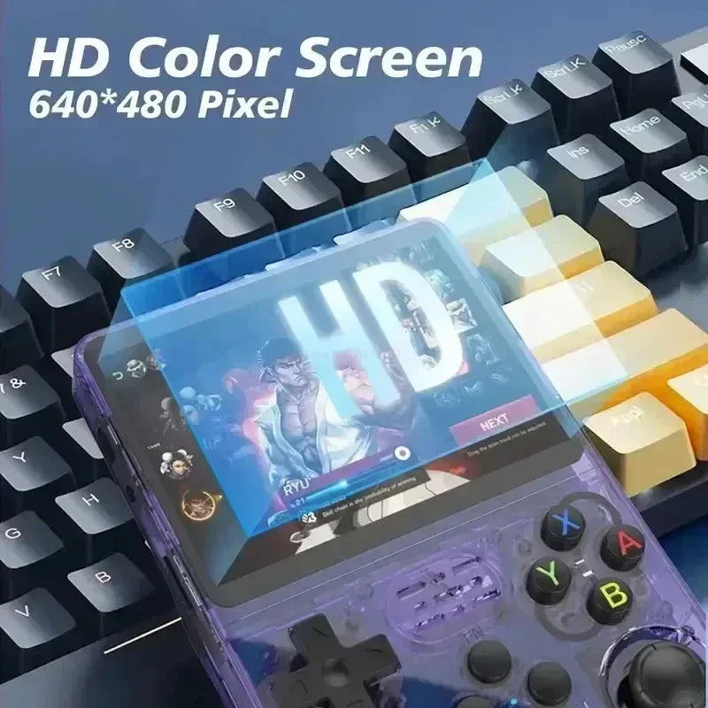 R36S console beside charging accessories including Type-C charger cable