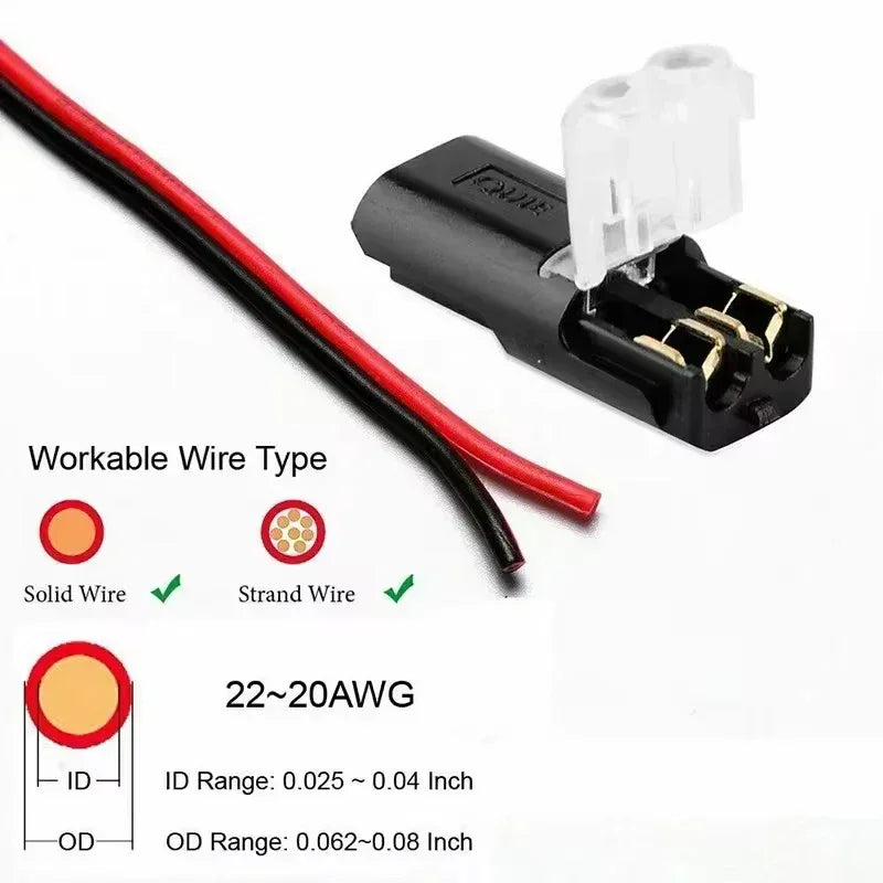 10 pieces of 2 pin automotive electrical connectors lined up on a white background.