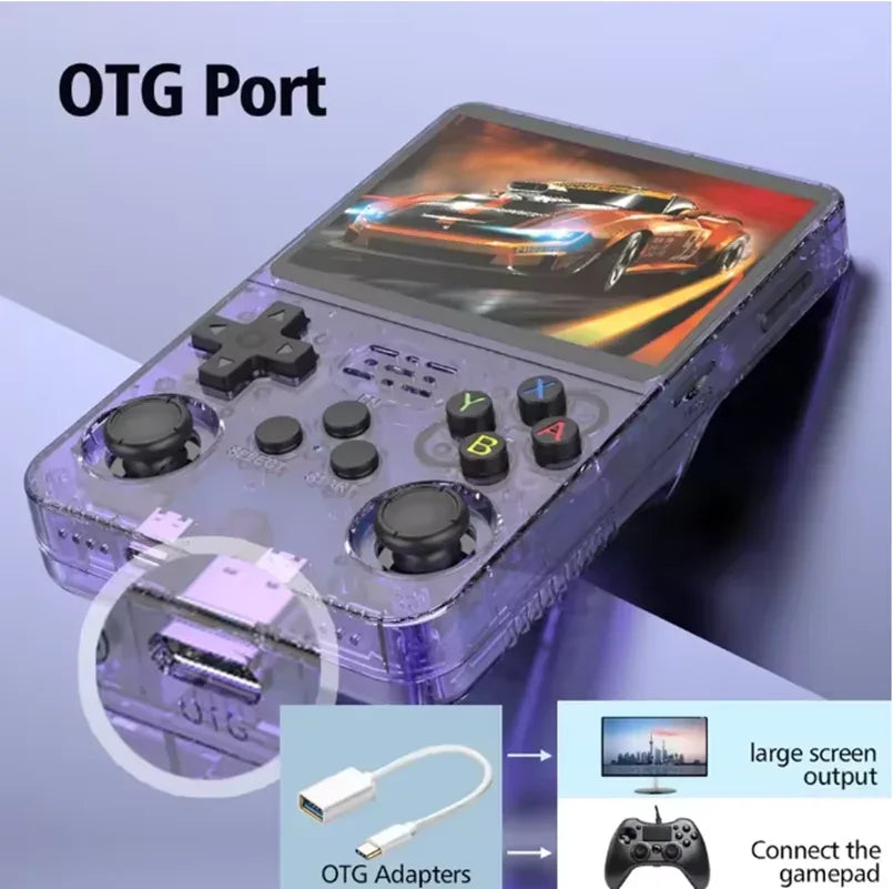 Handheld game console resting on wooden surface with screen and controls visible