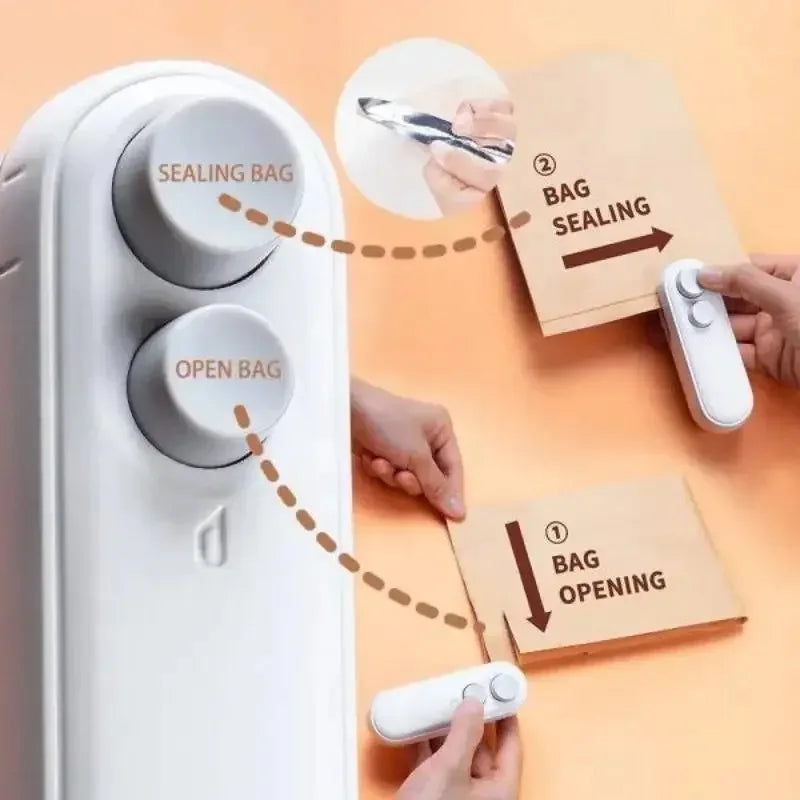 Top view of the compact white mini sealer showing the button control on the surface.
