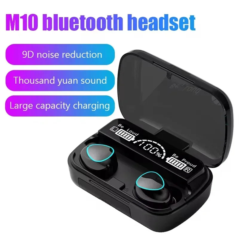 Bluetooth earphones in charging case showing LED battery indicator and compact design