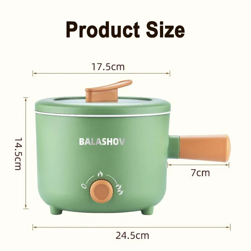 Electric pot with close-up on handle and glass lid resting beside it.