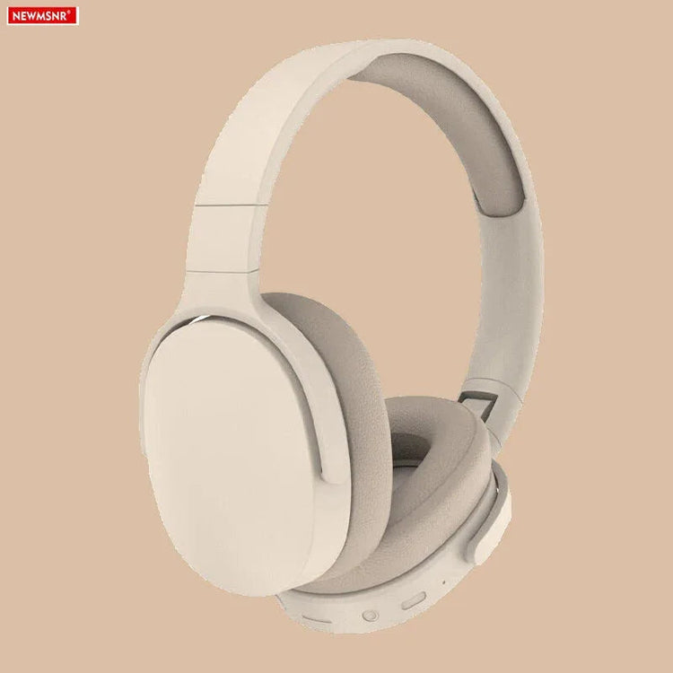 Over-ear wireless Bluetooth 5.3 headphones with cushioned ear cups shown against a dark background.