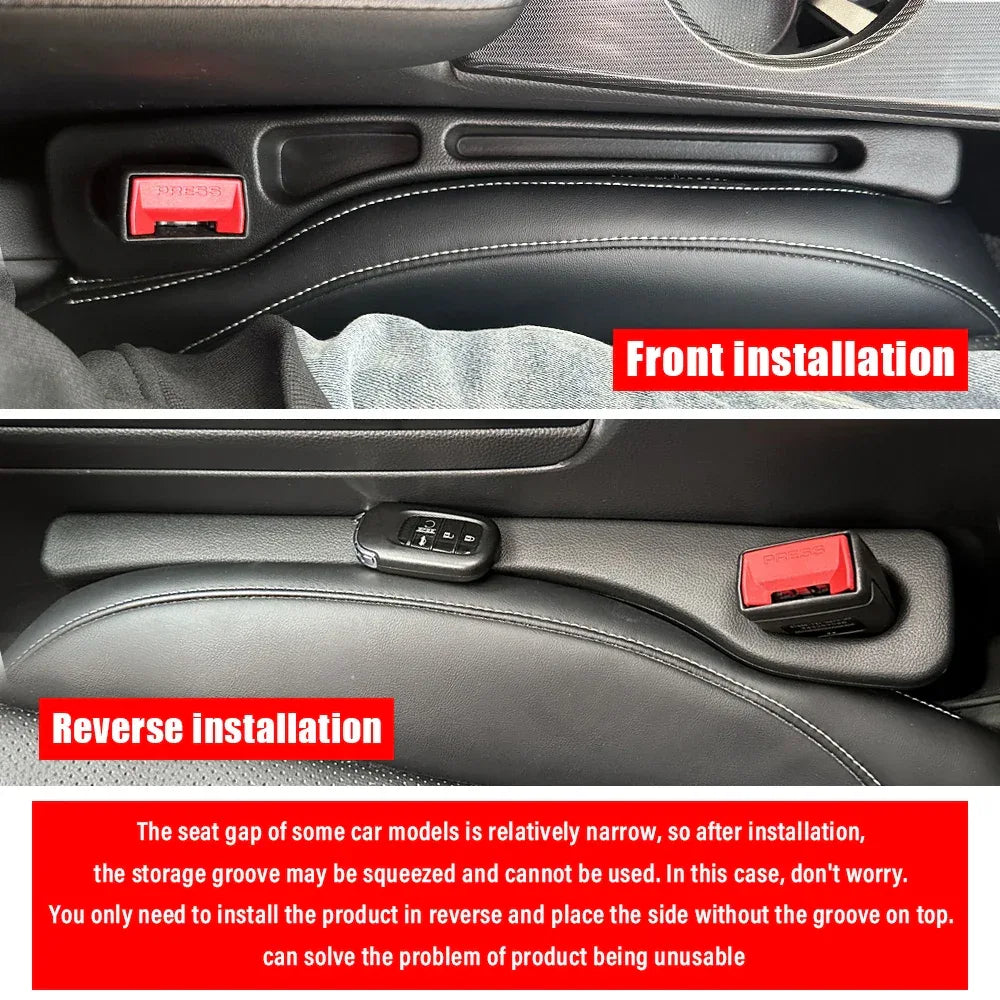 Side view showing flexible car seat gap strip preventing items from falling.