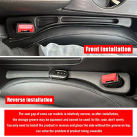 Side view showing flexible car seat gap strip preventing items from falling.