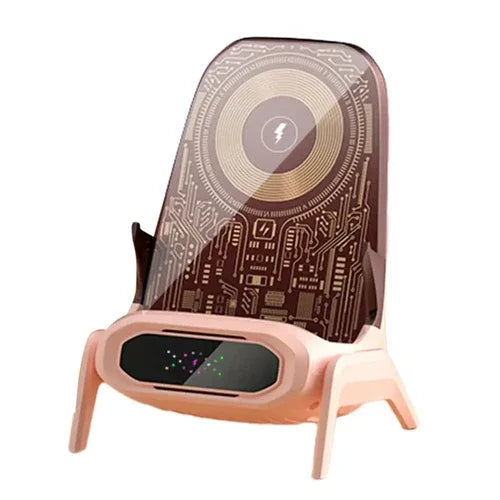 Wireless phone charger displayed with USB cable and power adapter on desk.