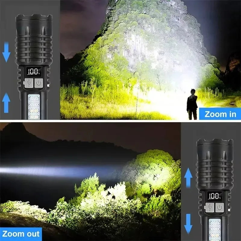 LED flashlight emitting bright white light in strong mode, showcasing its powerful beam.