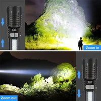 LED flashlight emitting bright white light in strong mode, showcasing its powerful beam.