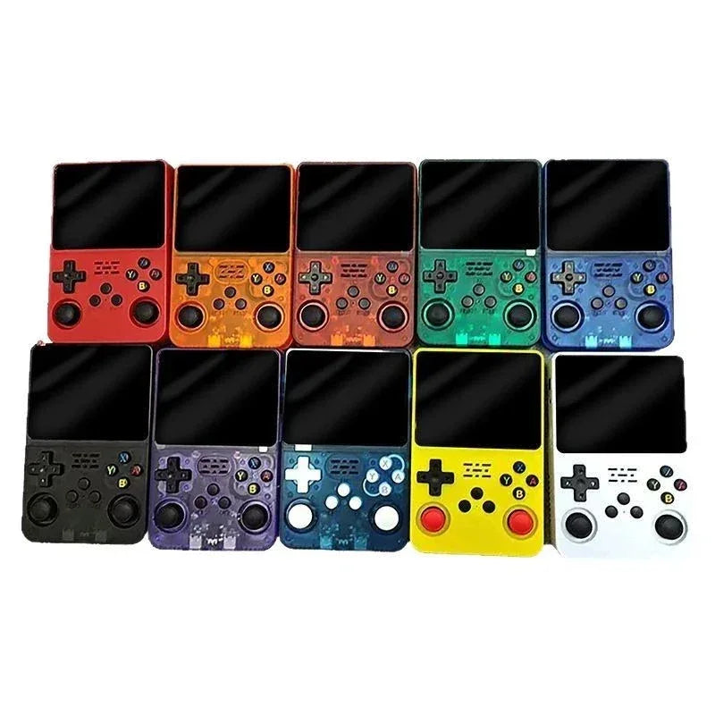 Close-up of handheld game console screen displaying colorful retro game graphics