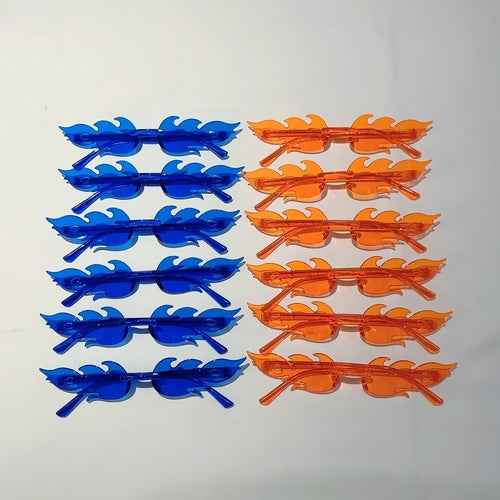 Set of 12 colorful flame-shaped sunglasses with gradient lenses, arranged in a row on a white background.