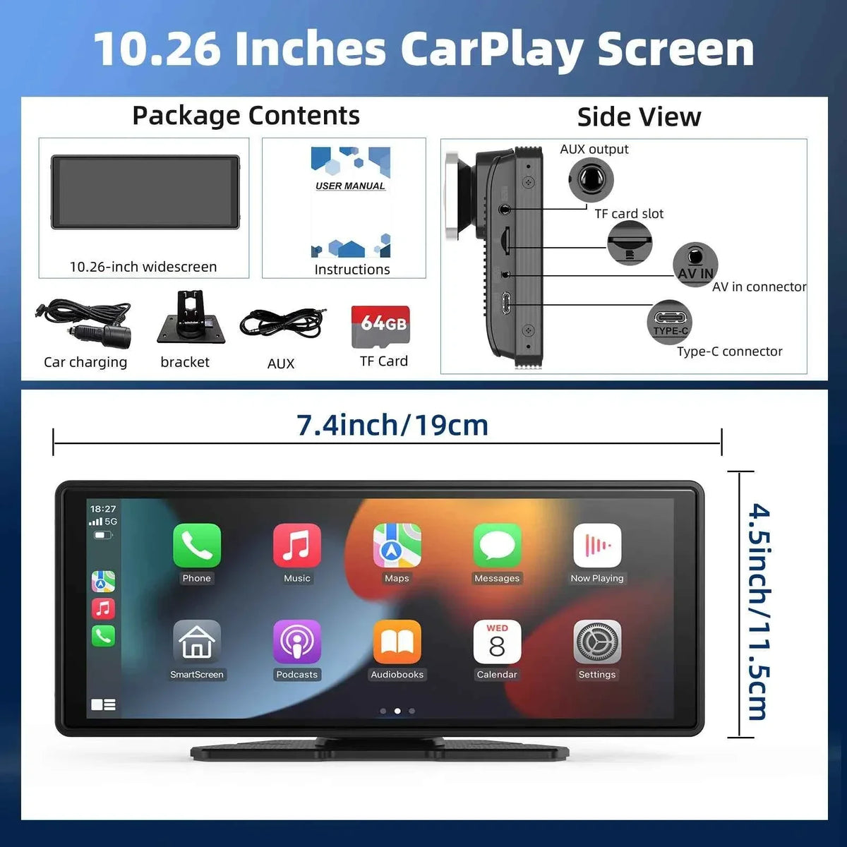 A portable 10.26-inch touchscreen car stereo displays colorful icons on a dashboard mount inside a vehicle.