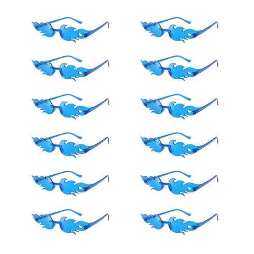 Twelve colorful flame-shaped sunglasses with gradient lenses arranged on a white background.