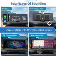 A portable car stereo with a 10.26-inch HD touchscreen mounted on a car dashboard, displaying a colorful interface.