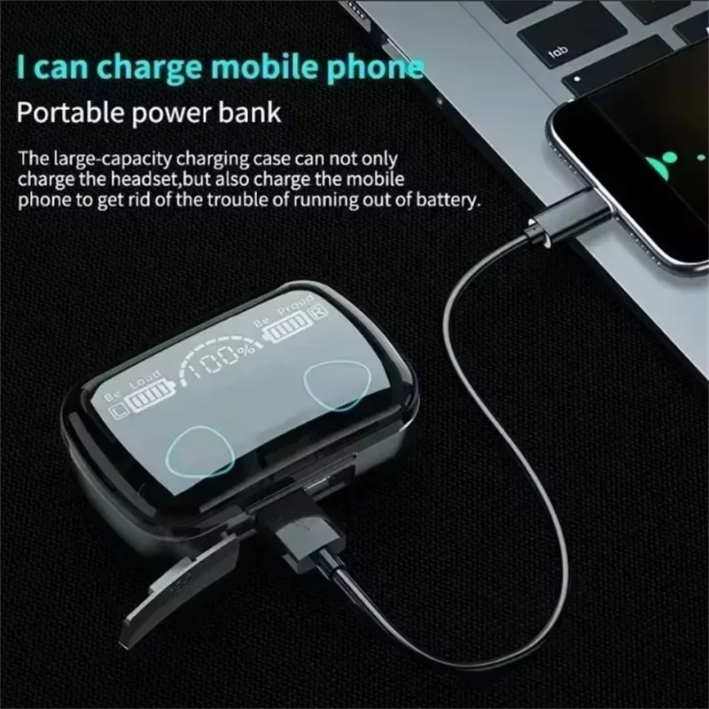 Wireless Bluetooth earphones with controls and LED display highlighted on black surface