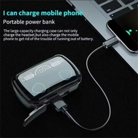 Wireless Bluetooth earphones with controls and LED display highlighted on black surface