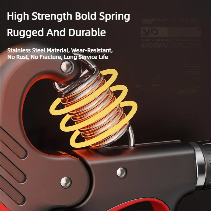 Hand using the grip strengthener showing finger placement on padded ergonomic handles.