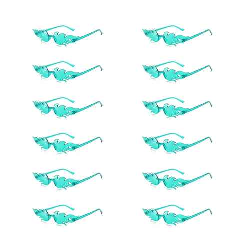 Set of 12 colorful flame-shaped sunglasses for women, displayed in a row on a white background.