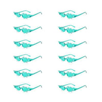 Set of 12 colorful flame-shaped sunglasses for women, displayed in a row on a white background.