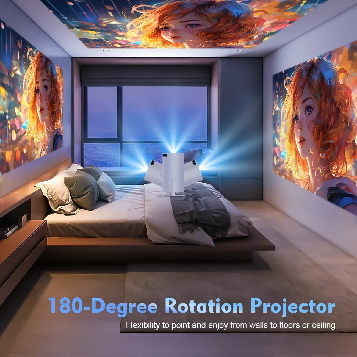 Transpeed HY300 Pro projecting a movie scene with colorful visuals in a dark room.