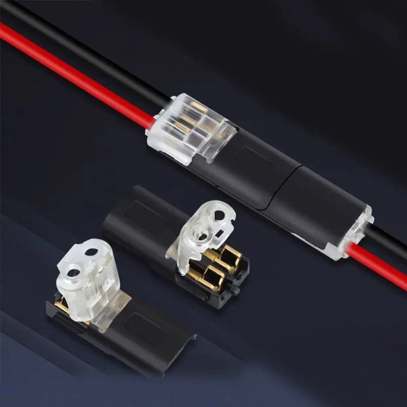 Side view of the 2 pin automotive electrical connector strip terminal with exposed pins.