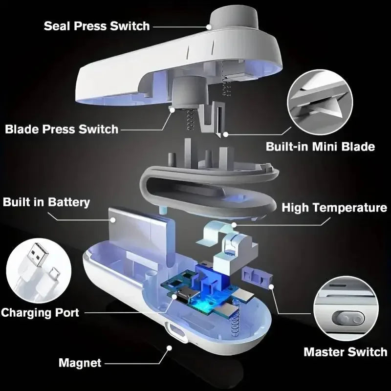 Mini heat sealer sealing a transparent plastic bag, highlighting easy home use.