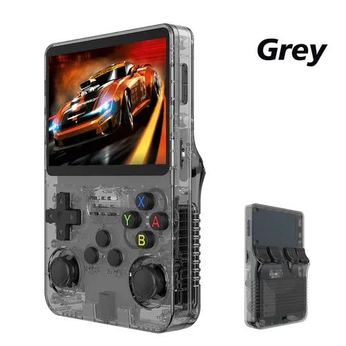 R36S handheld console placed on table with classic game screen illuminated