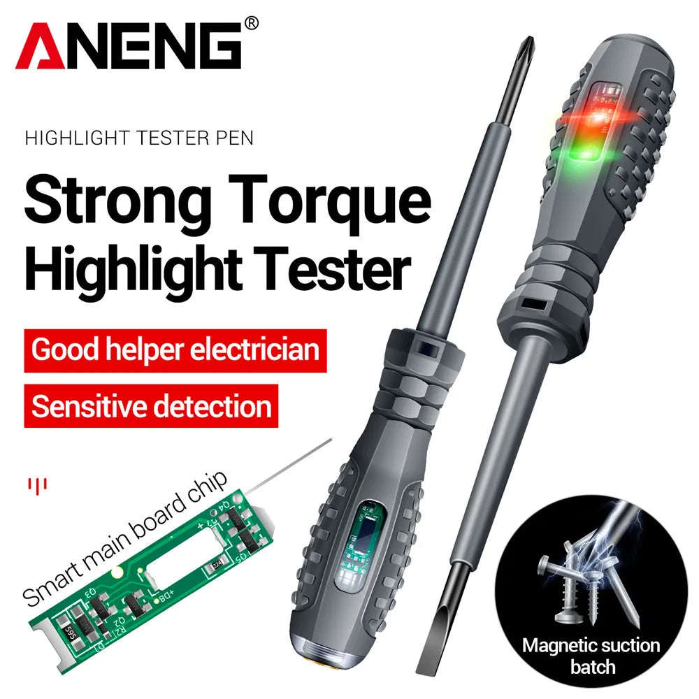 ANENG B05 screwdriver with neon bulb indicator and insulated handle on white background.
