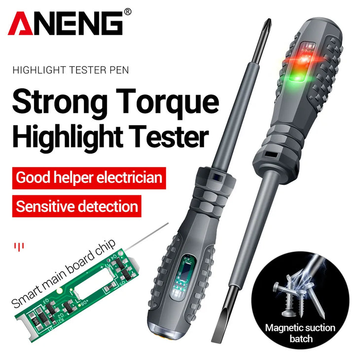 ANENG B05 screwdriver with neon bulb indicator and insulated handle on white background.