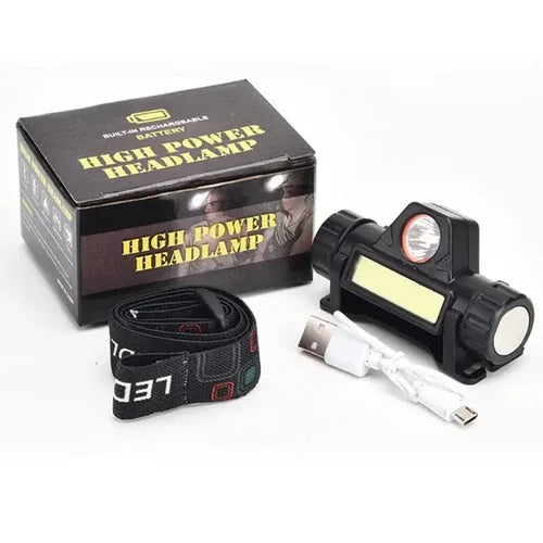 Powerful LED headlight with magnetic base shown lighting up in an outdoor setting.