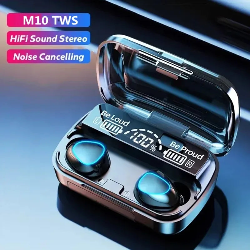 Close-up view of M10 Bluetooth earphone and accessories in black with charging case