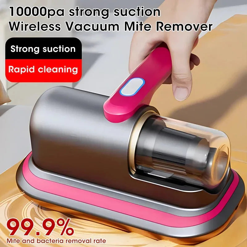 Handheld cordless mattress vacuum cleaner with clear dust container and ergonomic handle on white background.