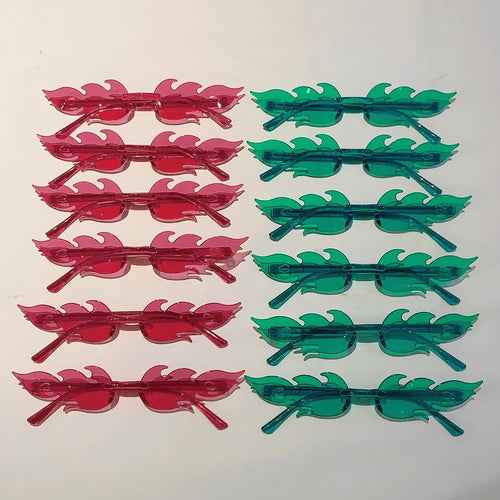 Set of 12 colorful flame-shaped sunglasses with gradient lenses arranged in a fan shape on a white background.