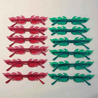 Set of 12 colorful flame-shaped sunglasses with gradient lenses arranged in a fan shape on a white background.