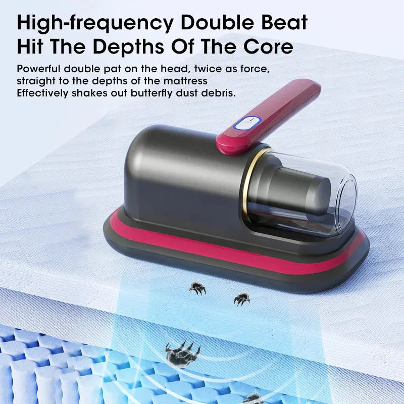 Cordless mattress vacuum cleaner placed on a bed mattress showing compact size and modern design.