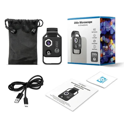 Compact phone microscope with adjustable clip, CPL lens, and built-in LED light shown attached to a smartphone.