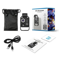Compact phone microscope with adjustable clip, CPL lens, and built-in LED light shown attached to a smartphone.