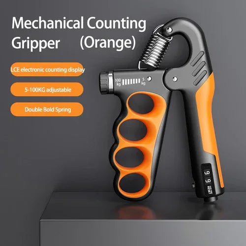 Hand holding adjustable grip strengthener with visible resistance settings and ergonomic design.