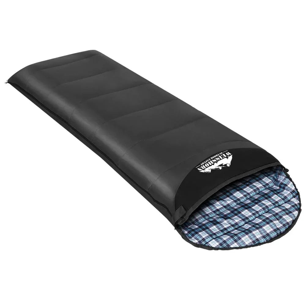 Sleeping bag packed inside its grey carrying sack with a handle