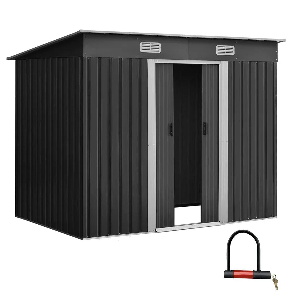 Metal outdoor garden shed with closed double doors in gray and blue color scheme.