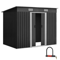 Metal outdoor garden shed with closed double doors in gray and blue color scheme.