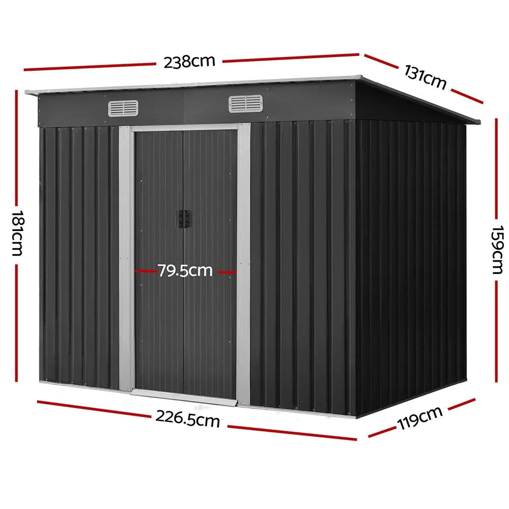Side view of spacious metal garden shed showing ventilation panels and secure door locks.