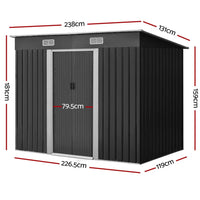 Side view of spacious metal garden shed showing ventilation panels and secure door locks.