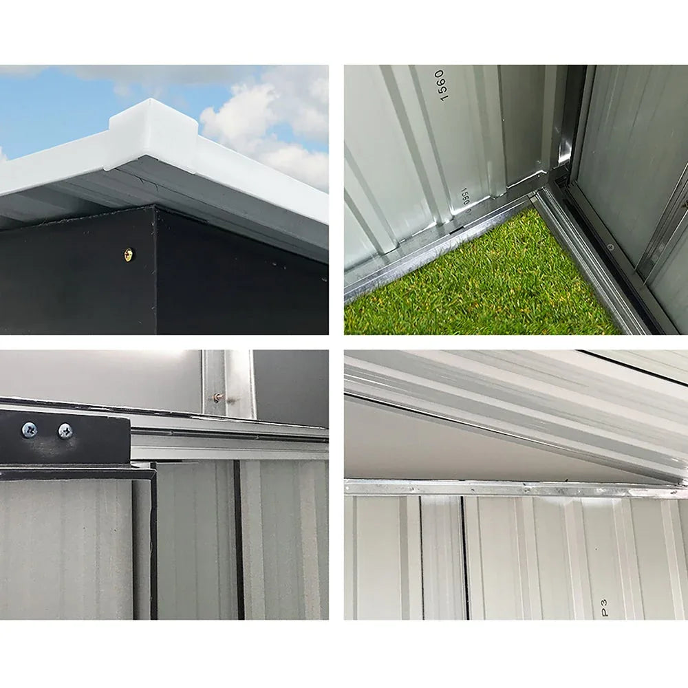 Garden shed exterior close-up highlighting weatherproof galvanized steel construction.