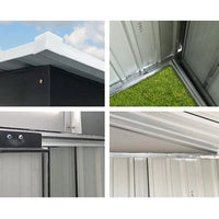 Garden shed exterior close-up highlighting weatherproof galvanized steel construction.