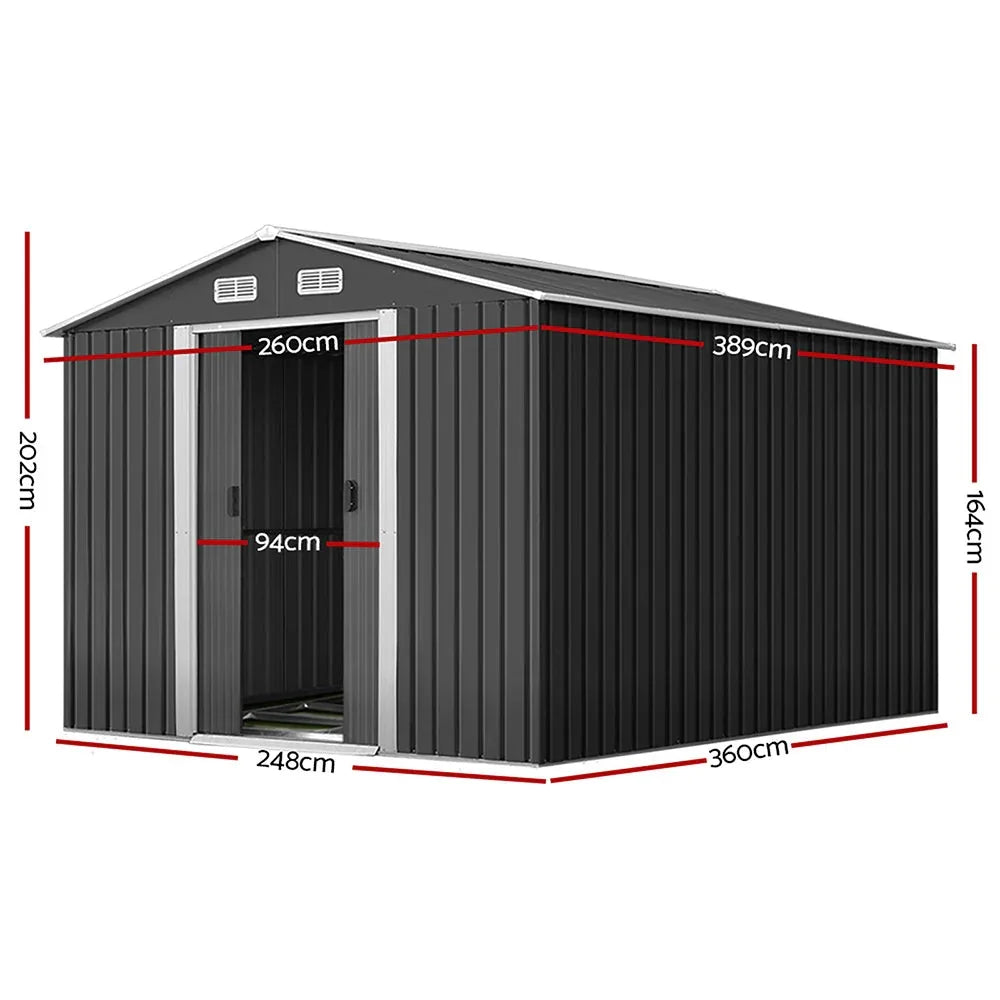 Side perspective of the metal garden shed showcasing the reinforced steel frame and ventilation vents.