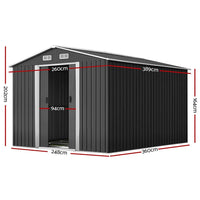 Side perspective of the metal garden shed showcasing the reinforced steel frame and ventilation vents.