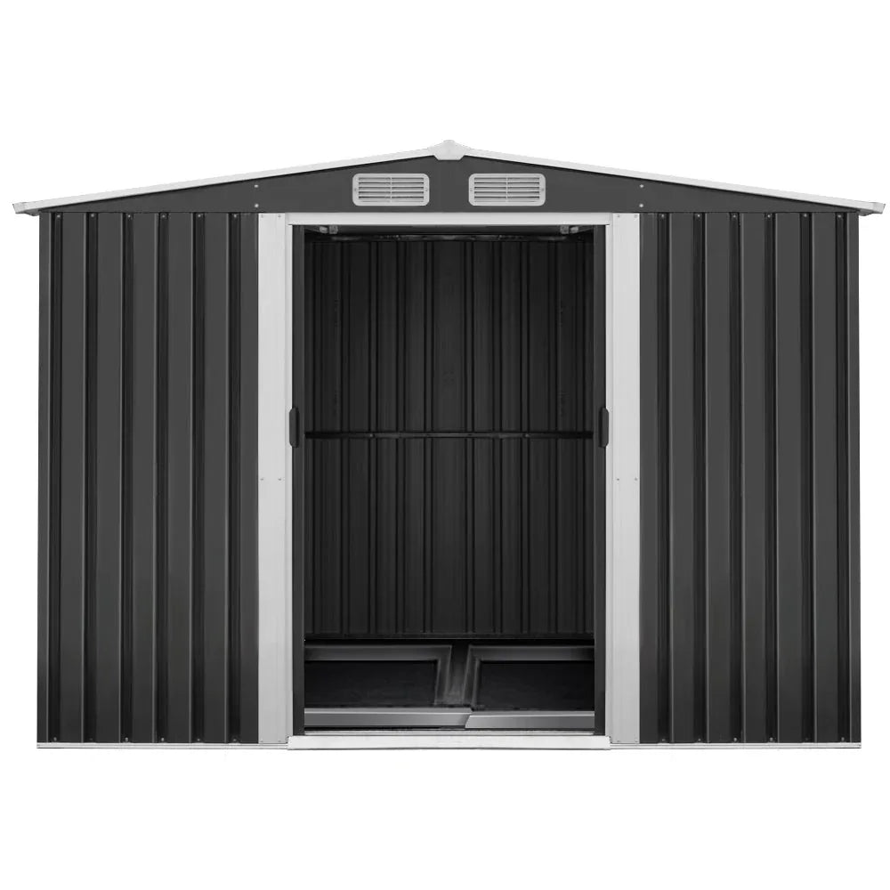 Interior view of the garden shed with ample space and air vents along the ceiling for ventilation.
