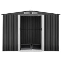 Interior view of the garden shed with ample space and air vents along the ceiling for ventilation.