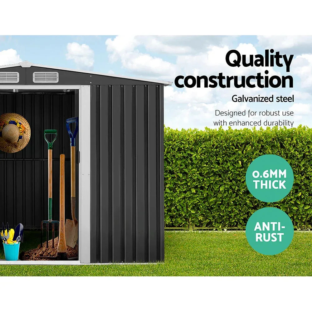 Another angle of the garden shed exterior highlighting its corrosion-resistant metal construction.