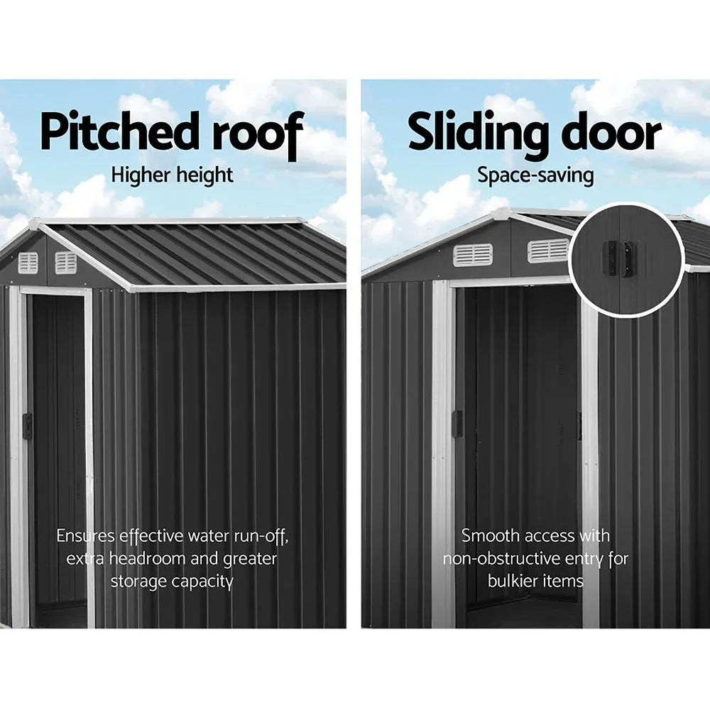 Wide shot of the garden shed in a yard, showing its size and weatherproof build.
